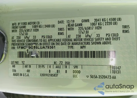 2020 Ford Escape Se из США, поврежденный, VIN 1FMCU9G66LUA79361